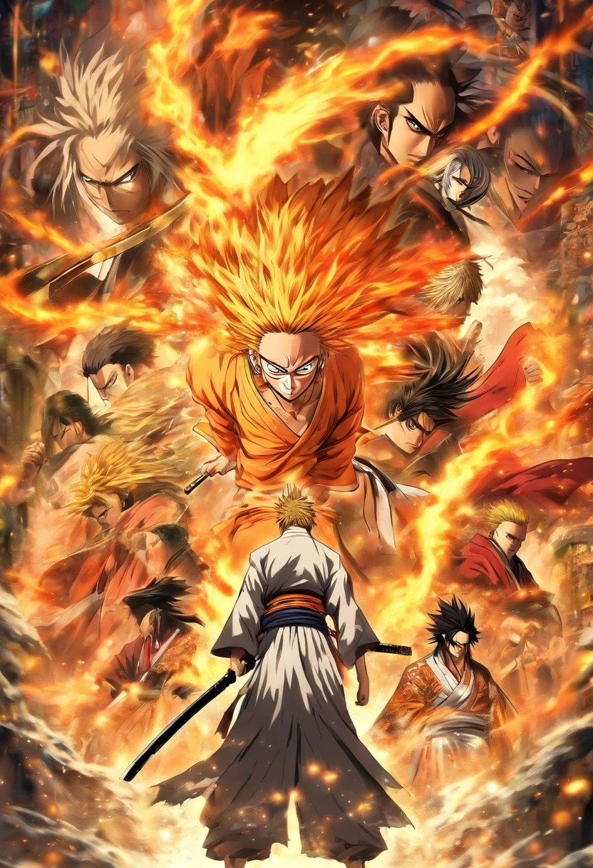 1 chico, solo, pelo pintiagudo, cabello anaranjado, ojos marron, kimono negro, alto, katana en su mano derecha, bleach