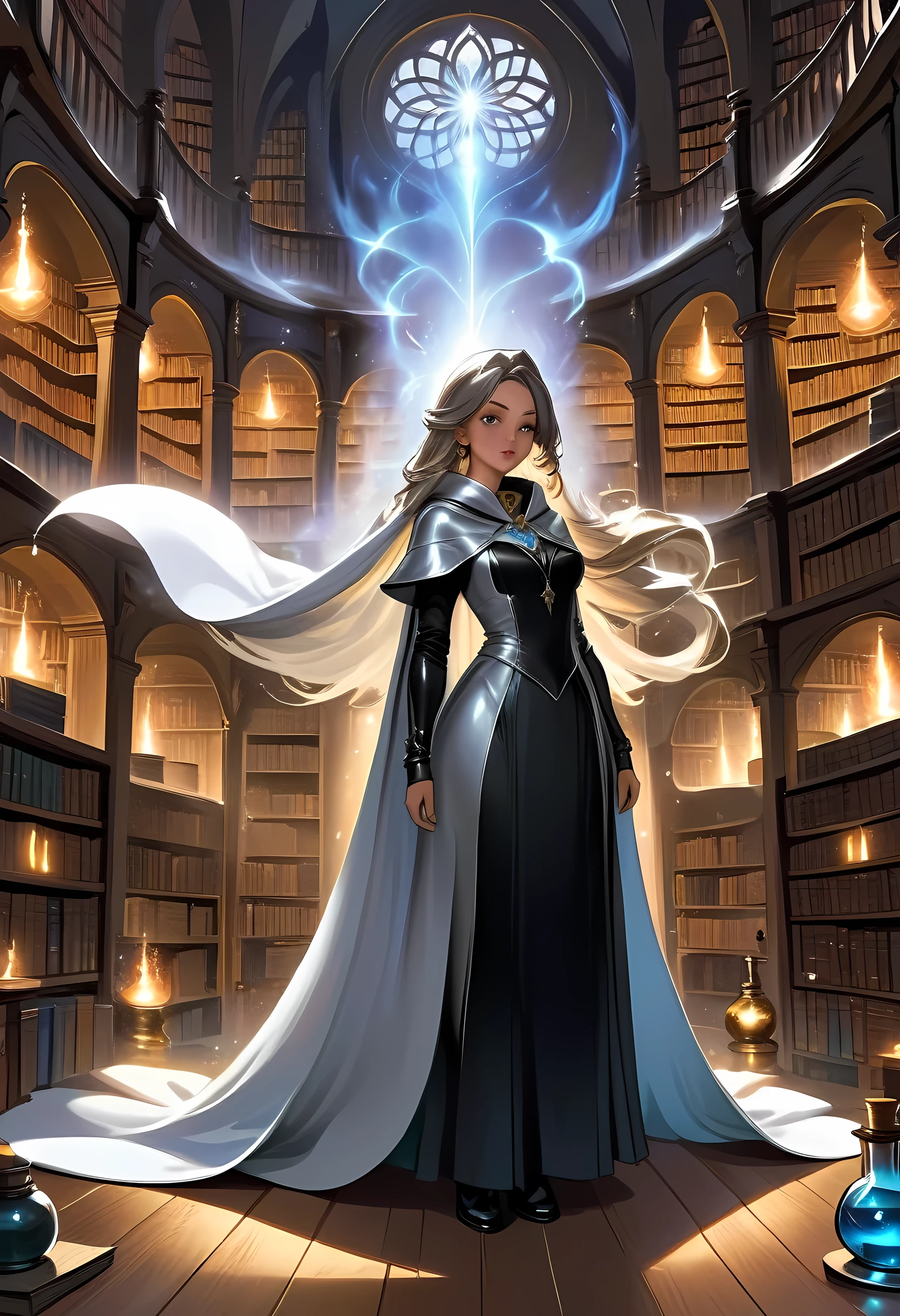 high details, best quality, 16k, [ultra detailed], masterpiece, best quality, (extremely detailed), full body, ultra wide shot, (ultra details, Masterpiece, best quality), fantasy art, dnd art, fantasy art, realistic art, a sorceress casting a AlchemyPunkAI spell in magical library (ultra details, Masterpiece, best quality), exquisite beautiful human woman (ultra details, Masterpiece, best quality), (sliver: 1.3) hair, long hair, (long dark dress: 1.2), (white cloak: 1.3), high heeled boots (ultra details, Masterpiece, best quality) AlchemyPunkAI