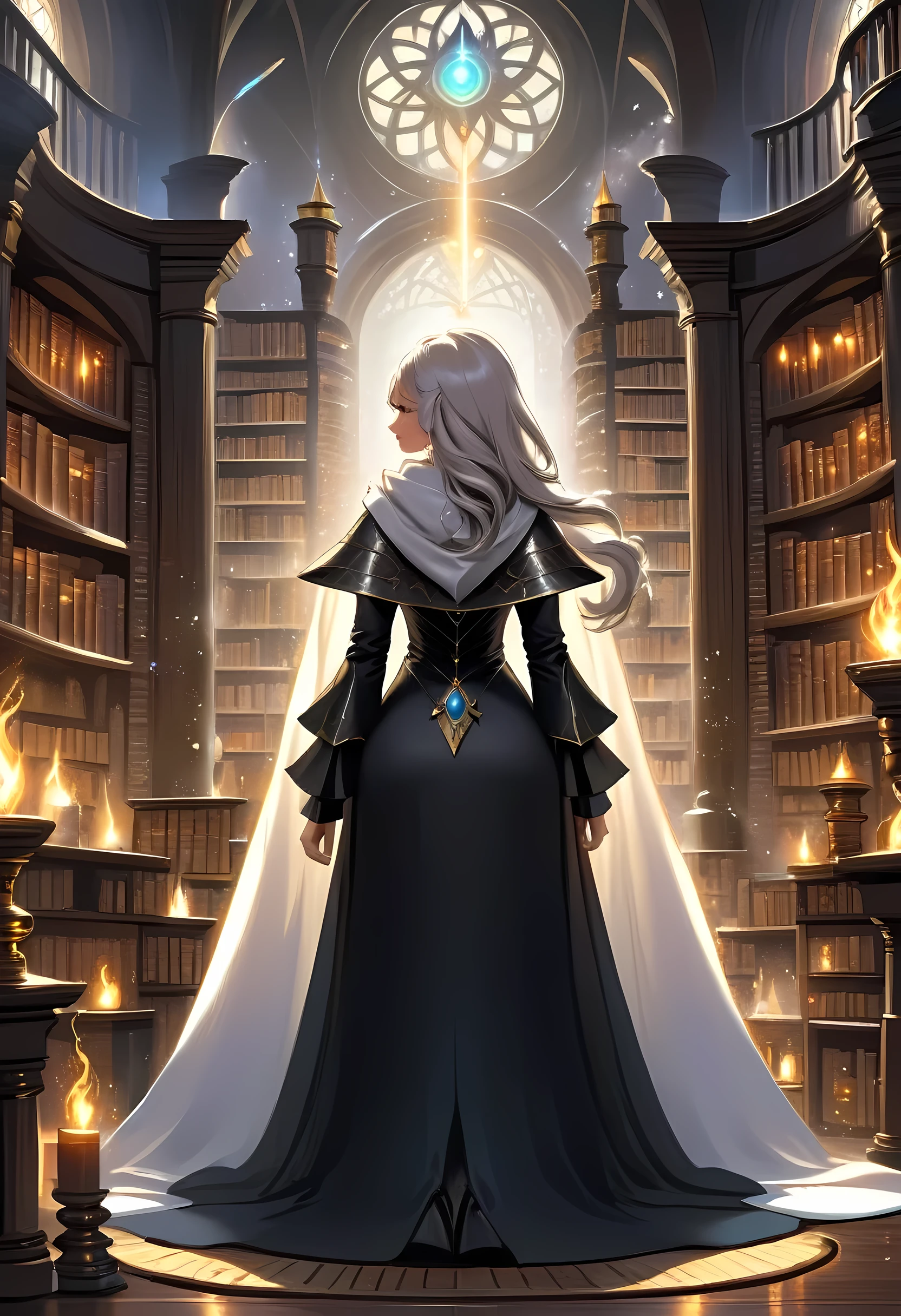 high details, best quality, 16k, [ultra detailed], masterpiece, best quality, (extremely detailed), full body, ultra wide shot, (ultra details, Masterpiece, best quality), fantasy art, dnd art, fantasy art, realistic art, a sorceress casting a AlchemyPunkAI spell in magical library (ultra details, Masterpiece, best quality), exquisite beautiful human woman (ultra details, Masterpiece, best quality), (sliver: 1.3) hair, long hair, (long dark dress: 1.2), (white cloak: 1.3), high heeled boots (ultra details, Masterpiece, best quality) AlchemyPunkAI