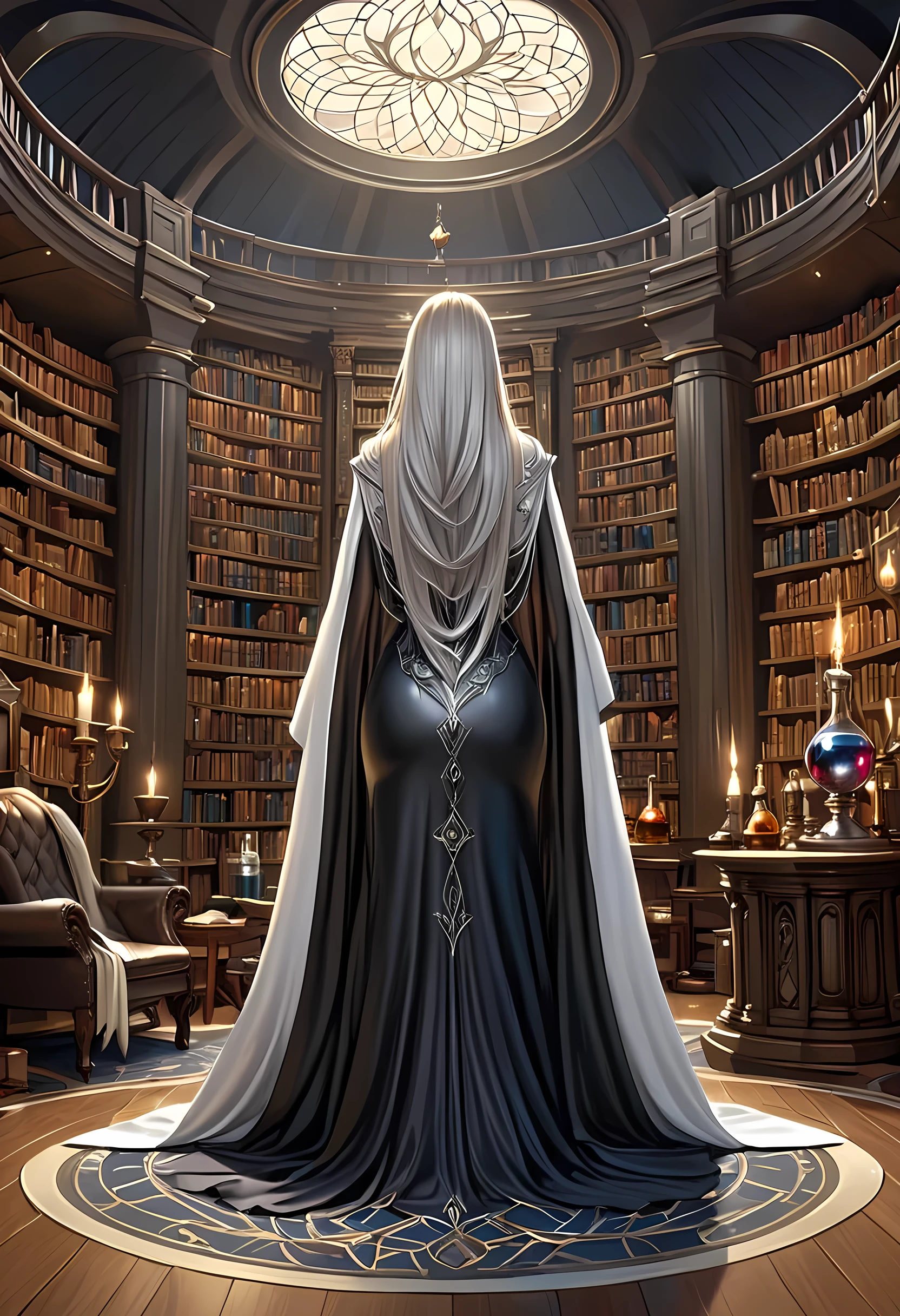 high details, best quality, 16k, [ultra detailed], masterpiece, best quality, (extremely detailed), full body, ultra wide shot, (ultra details, Masterpiece, best quality), fantasy art, dnd art, fantasy art, realistic art, a sorceress casting a AlchemyPunkAI spell in magical library (ultra details, Masterpiece, best quality), exquisite beautiful human woman (ultra details, Masterpiece, best quality), (sliver: 1.3) hair, long hair, (long dark dress: 1.2), (white cloak: 1.3), high heeled boots (ultra details, Masterpiece, best quality) AlchemyPunkAI