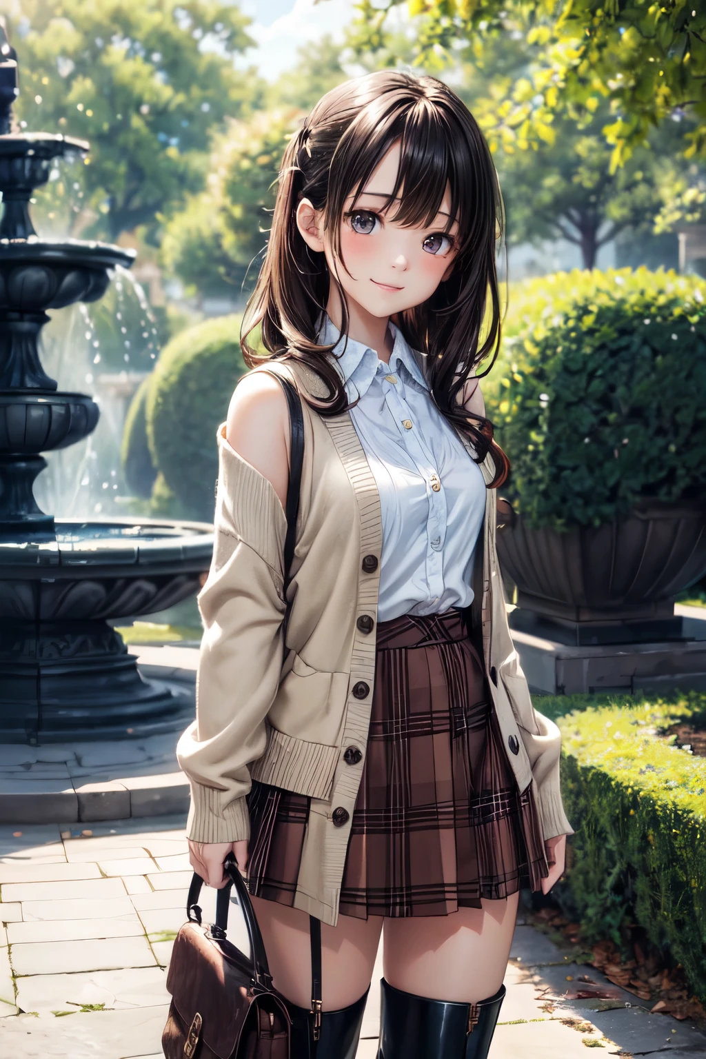 very cute and beautiful girl,(highly detailed beautiful face and eyes),(white blouse),(smile:1.2),
(beige cardigan,long sleeve:1.2) BREAK (brown shoulder bag),(brown plaid mini skirt:1.2),zettai ryouiki,
stylish  pose,hair ornament,black hair,black boots,arbor in rose garden,water fountain,
(best quality,masterpiece),absurdres,highres,ultra-detailed,extremely detailed,32k,8k resolution,
intricate details,cinematic scene,detailed background,solo,dynamic angle,perfect hands,
hair fluttering in the wind,beautiful detailed sky,