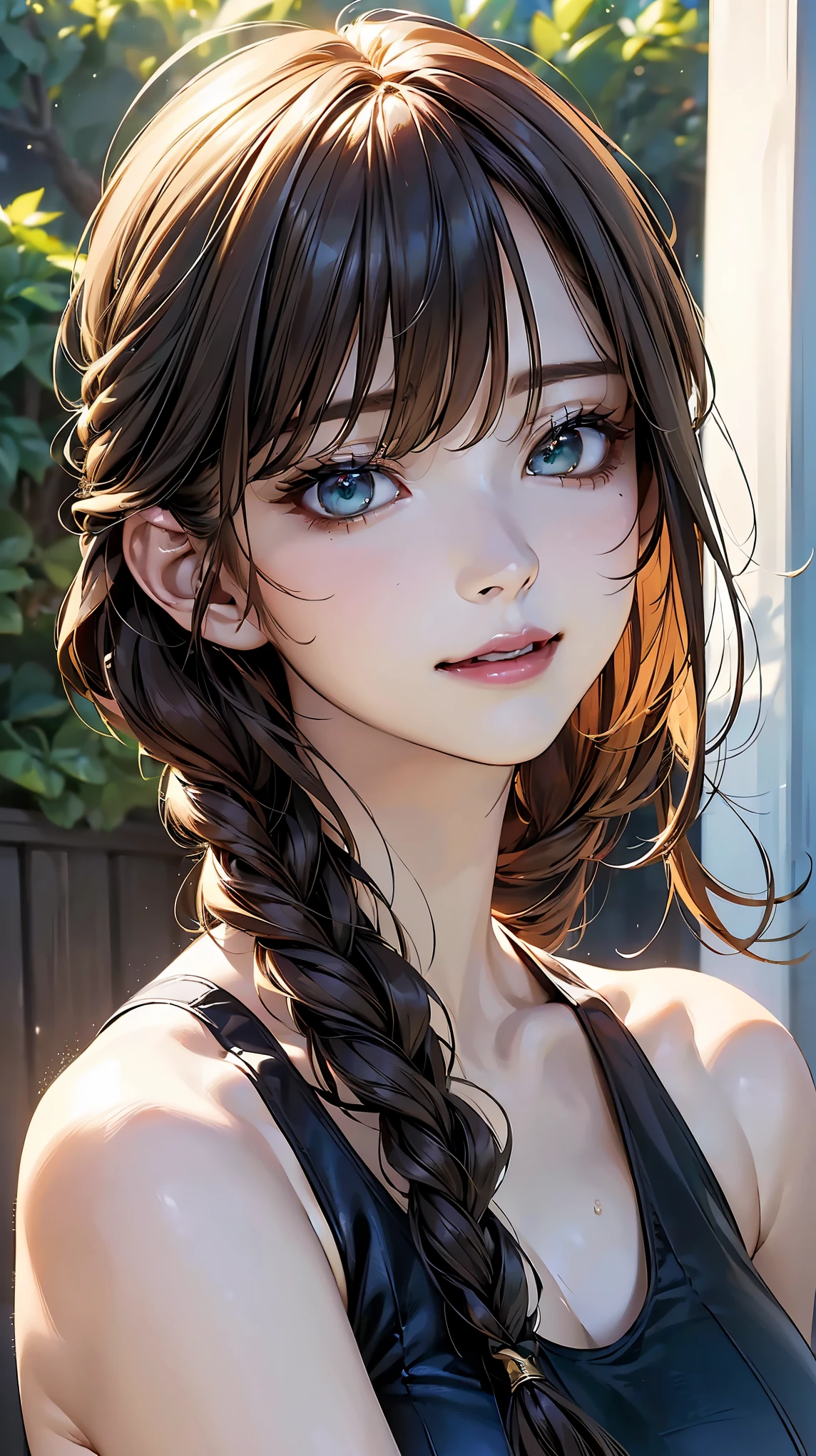 (Browsing Caution:1.2), (8k, RAW Photos, Best image quality, masterpiece: 1.4), (Highly detailed CG Unity 8k wallpaper, highest quality, High resolution: 1.2), (Ultra_Familiar, 超High resolution: 1.2), super highly Familiar, (Realistic, Realistic: 1.48), 1 girl, Focus Only,(Braiding:1.5), Side Lock, bangs, ((Dark green eyes:1.4, Round eyes, Beautiful eyelashes)), Clear Eyes,Large Breasts,Shiny Hair, beautiful Familiar cold face,Captivating smile, Beautiful and delicate eyes with exquisite detail,Extremely accurate details,Skin dents,Outdoor,Perfect Face,Perfect body, Beautiful Eyes, Beautiful Face,(Face Focus),(Portraiture:1.5),Beautiful clavicle,Upward glance,Very cute woman,(onepiece swimsuit:1.2),brown hair,