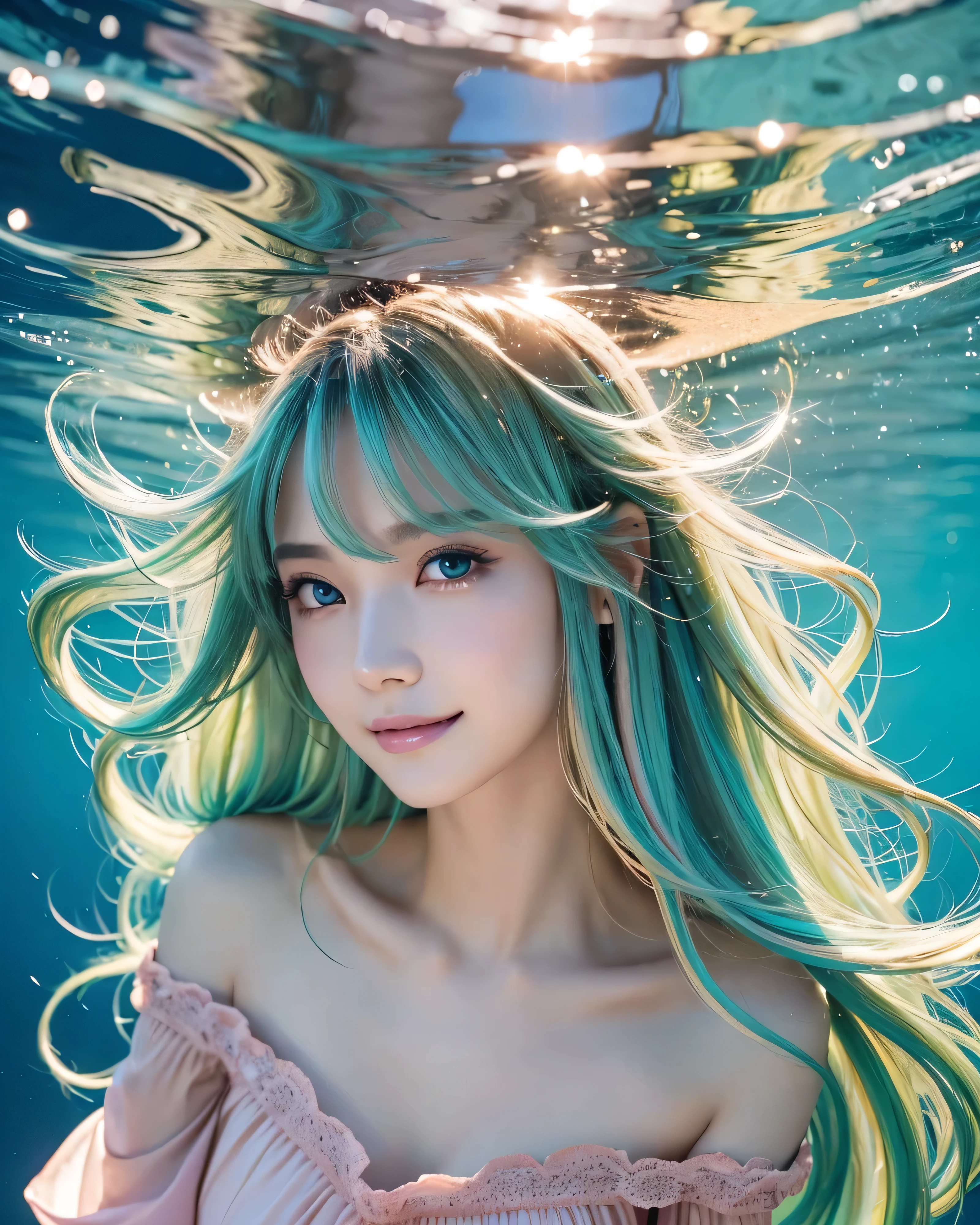 (highest quality,32k,High resolution,Masterpiece:1.5), Fantasy, Blue-green color palette, Undersea World, Beautiful Japanese Women, An exceptionally beautiful face, ((Shiny champagne gold hair:1.3)), ((Beautifully tousled super long straight silk hair))Asymmetrical bangs,Hair between the eyes, Magical big eyes, Beautifully trimmed, thin and light eyebrows, Natural Makeup, Cheek highlighter, Pale pink detailed lips, Rich emotional expression, fleeting smile, Blue Off Shoulder Dress, High resolution perfect collarbone, The water is full of vibrant colors, Introducing the mesmerizing beauty of the sea, Surrounded by coral reefs, A school of rare fish, Swaying seaweed. Sunlight reflected on the water, Professional Lighting, Professional photographer, Professional models, mysterious