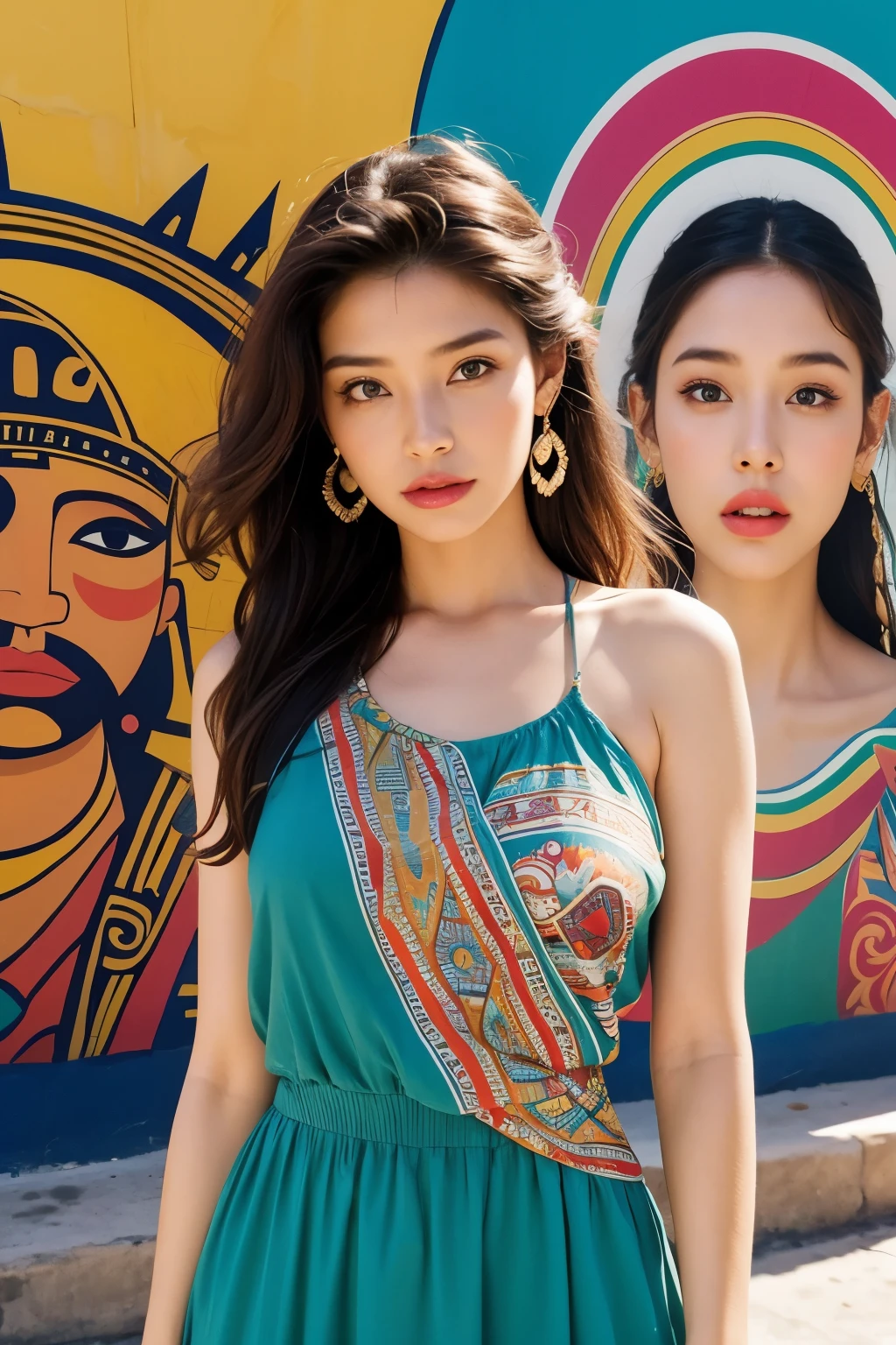 A beautiful woman wearing a 90s retro dress in front of a Mayan mural., model pose, (Highly detailed facial expressions),
