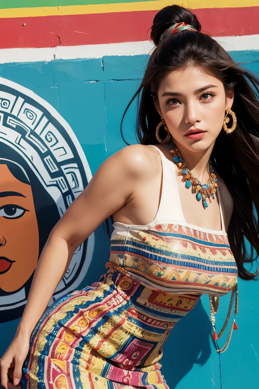 A beautiful woman wearing a 90s retro dress in front of a Mayan mural., model pose, (Highly detailed facial expressions), 