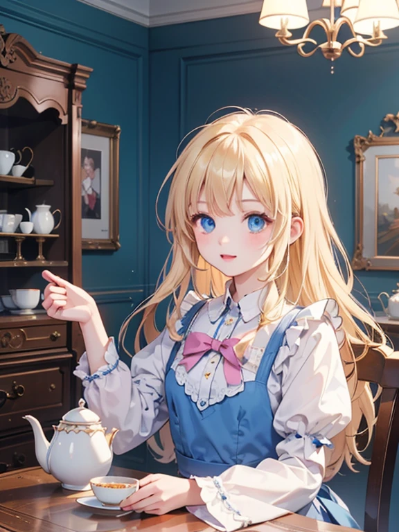 (8k, highest quality, Tabletop:1.2)、Ultra-high resolution、Alice in Wonderland, One 12-year-old girl, Detailed face、blue eyes, Blonde, Long Hair, Blue Dress, White apron, Clothes with bulging sleeves, A room full of clocks, A little dark room, Tea party