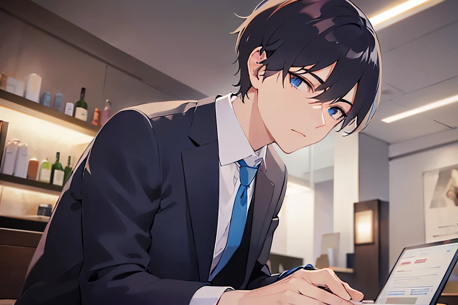 upper body、shiny screen, masterpiece、highest quality、(25-year-old male:1.5) and (Black short hair) and (blue eyes), (Wearing a suit:1.5) and (White collared shirt) and (Blue tie)、Sitting、Confused expression、The background is a restaurant at night、(Alone:1.5)