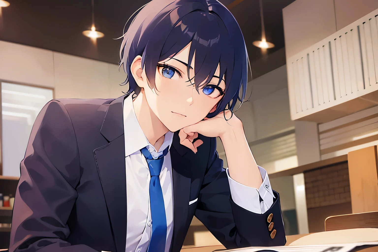 upper body、shiny screen, masterpiece、highest quality、(25-year-old male:1.5) and (Black short hair) and (blue eyes), (Wearing a suit:1.5) and (White collared shirt) and (Blue tie)、Sitting、Confused expression、The background is a restaurant at night、(Alone:1.5)