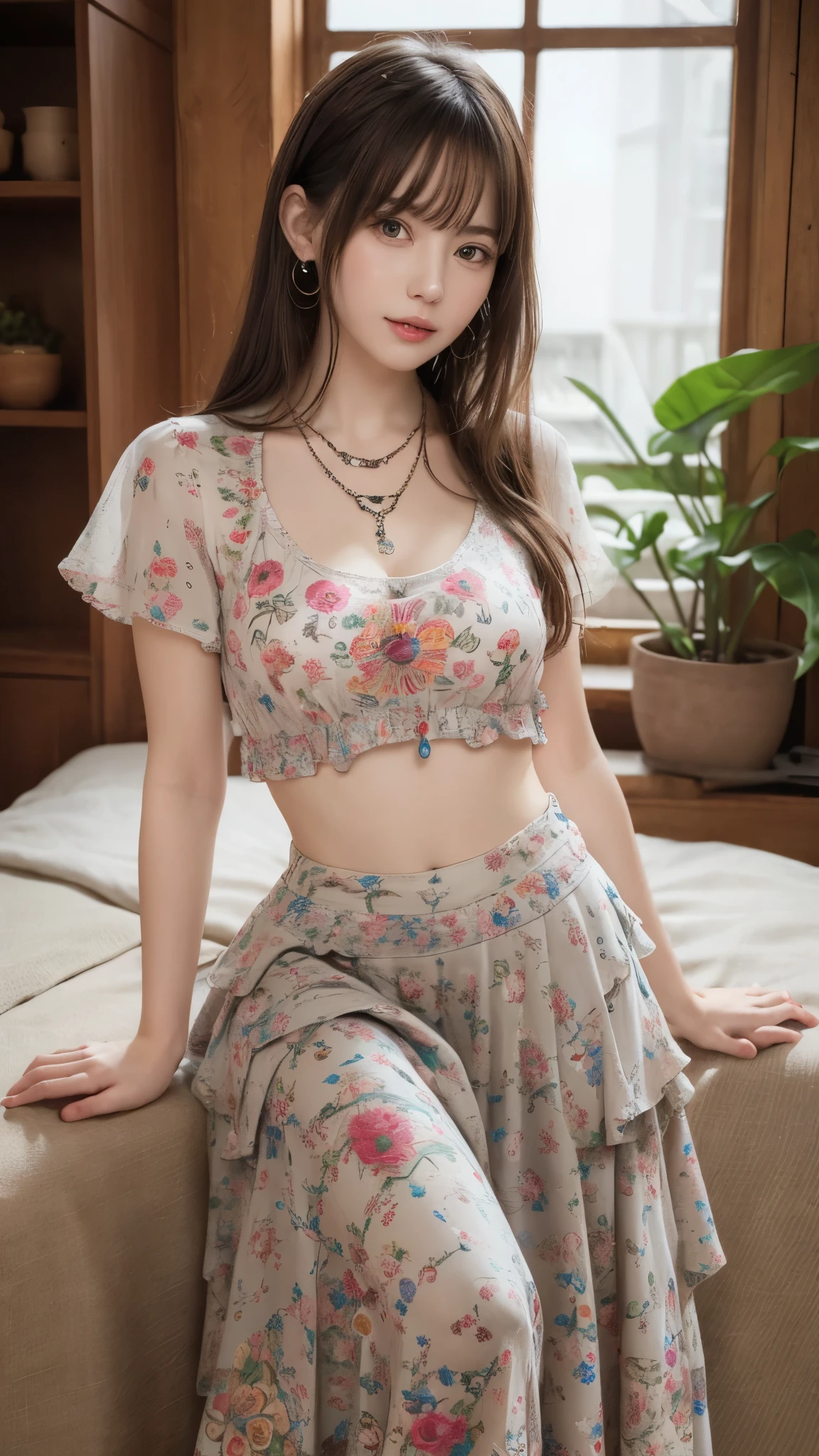 1girl,best quality,masterpiece,illustration,an extremely delicate and beautiful,CG,unity,8k wallpaper,Amazing,finely detail,masterpiece,official art,extremely detailed CG unity 8k wallpaper,incredibly absurdres,huge filesize,ultra-detailed,highres,extremely detailed,beautiful detailed girl,realistic,flower sea,(Bohemian_printed_top:1.4),(Flowy_maxi_skirt:1.3),(Layered_necklaces:1.2),, random cute pose