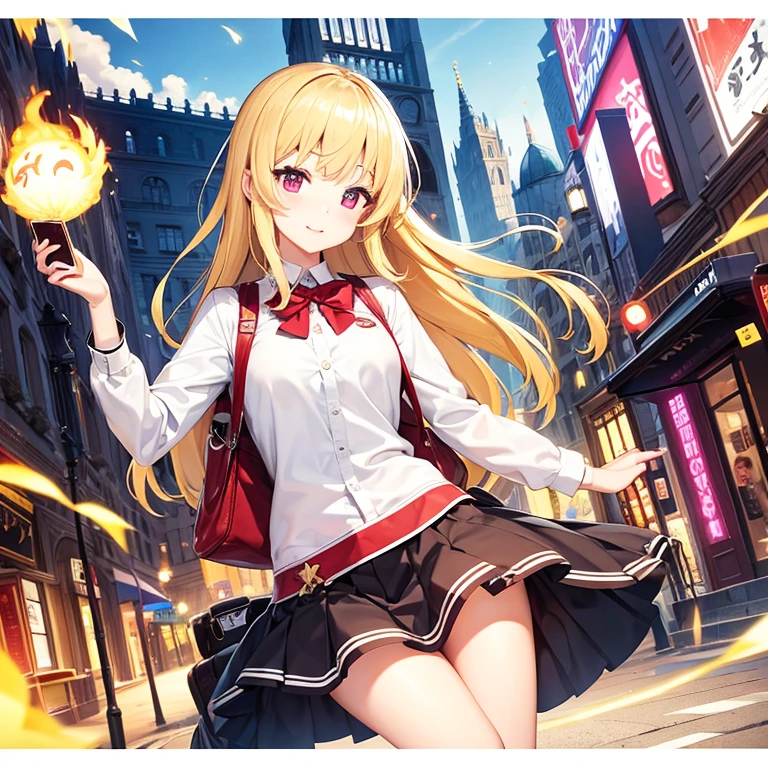 highest quality、High resolution、masterpiece、Anime characters、girl、Blonde、Red Eye、wave handini skirt、high school student、School