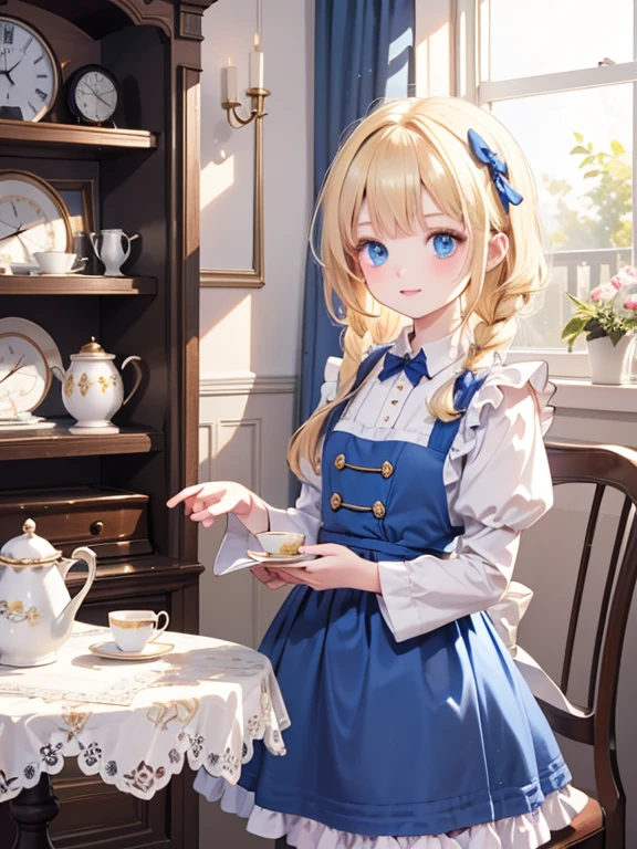 (8k, highest quality, Tabletop:1.2)、Ultra-high resolution、Alice in Wonderland, One , Detailed face、blue eyes, Blonde, Braid, Blue Dress, White apron, Clothes with bulging sleeves, A room full of clocks, A little dark room, Tea party