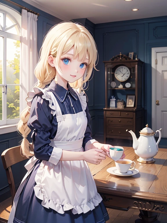 (8k, highest quality, Tabletop:1.2)、Ultra-high resolution、Alice in Wonderland, One ****************, Detailed face、blue eyes, Blonde, Braid, Blue Dress, White apron, Clothes with bulging sleeves, A room full of clocks, A little dark room, Tea party