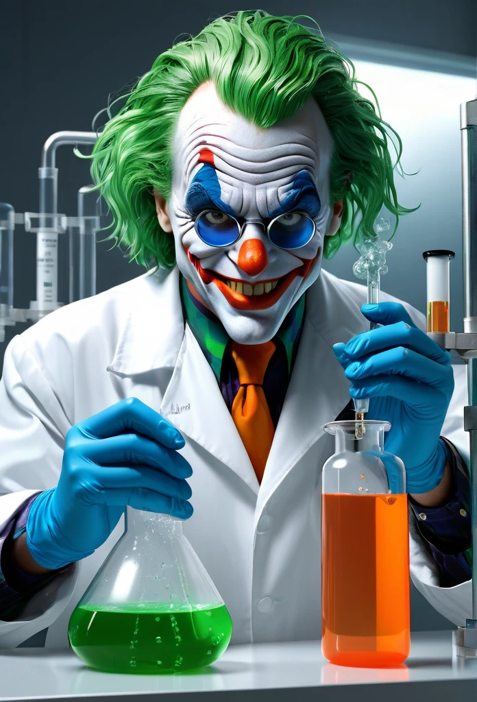 Jack Nicholson as The 1992 Joker with wild, green hair, a menacing smile, and a pair of protective goggles, serious and determined face expression, wearing a white laboratory coat, trying to mix two fluids in a crystal clear reaction tube glass, one in his right hand is a bright orange viscous fluid, and one in his left hand is a blue liquid, in a neat, tidy, and well-organized chemical laboratory, with a bubbling flask and smoke rising from it, with insane detail, high resolution, high definition, 8k, ultra sharp and crisp, realistic style, Don Lawrence style, octane render, cinematic