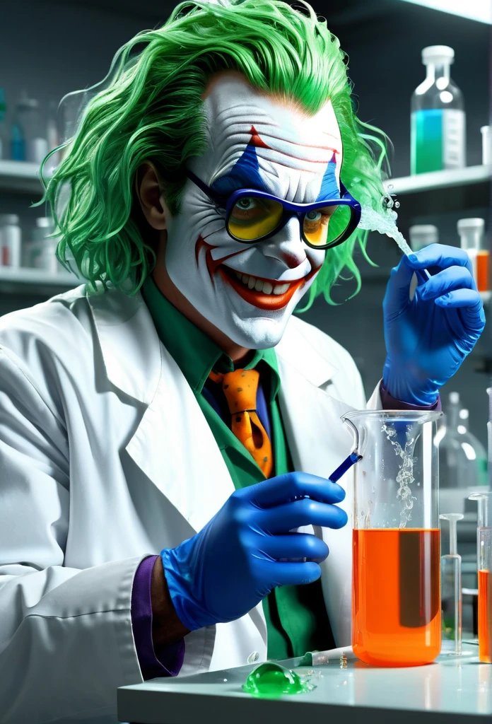 Jack Nicholson as The 1992 Joker with wild, green hair, a menacing smile, and a pair of protective goggles, serious and determined face expression, wearing a white laboratory coat, trying to mix two fluids in a crystal clear reaction tube glass, one in his right hand is a bright orange viscous fluid, and one in his left hand is a blue liquid, in a neat, tidy, and well-organized chemical laboratory, with a bubbling flask and smoke rising from it, with insane detail, high resolution, high definition, 8k, ultra sharp and crisp, realistic style, Don Lawrence style, octane render, cinematic