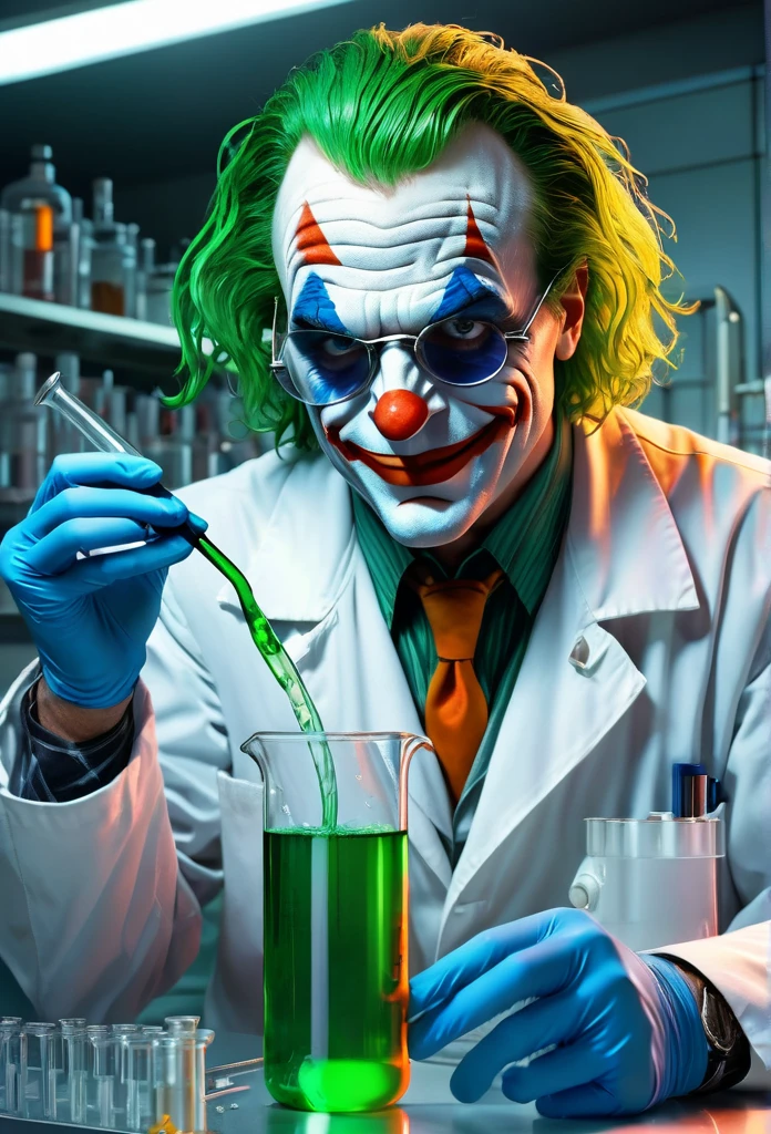 Jack Nicholson as The 1992 Joker with wild, green hair, a menacing smile, and a pair of protective goggles, serious and determined face expression, wearing a white laboratory coat, trying to mix two fluids in a crystal clear reaction tube glass, one in his right hand is a bright orange viscous fluid, and one in his left hand is a blue liquid, in a neat, tidy, and well-organized chemical laboratory, with a bubbling flask and smoke rising from it, with insane detail, high resolution, high definition, 8k, ultra sharp and crisp, realistic style, Don Lawrence style, octane render, cinematic
