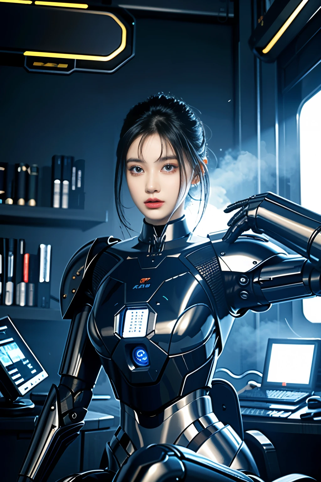 (masterpiece)、(top quality、high quality、top resolution、high resolution)、extreme elaboration、(solo)、(Science fiction、cyber punk:1.3)、Inorganic、Beautiful robot woman、(Robot Police:1.2)、(Beautiful robot:1.4)、Android、Cool Beauty、(almond-shaped eyes、shaped eyes)、(big eyes:1.2)、(big iris:1.3)、Curvaceous face、(Very well balanced face)、Well-proportioned face、Wide lips、Glossy Mouth、Arched eyebrows、(Robot Joints:1.3)、(Robot futuristic armor:1.2)、(body made of machine:1.3)、(Futuristic Mechanical Battle Suit:1.3)、(Robot structure:1.3)、(Mechanical Finger:1.4)、Mechanical gloves、(Shock absorber frame:1.3)、(Electronic substrate、Machinery Parts:1.3)、(Damper and power cord neck:1.3)、Robot Limbs、(Power cord:1.3)、(robot maintenance:1.3)、((Robot Scrap))、Straight Hair、(Cowboy Shot:1.5)、(Junkyard:1.3)、sitting against the charging station、sunlight、rim light、shine
