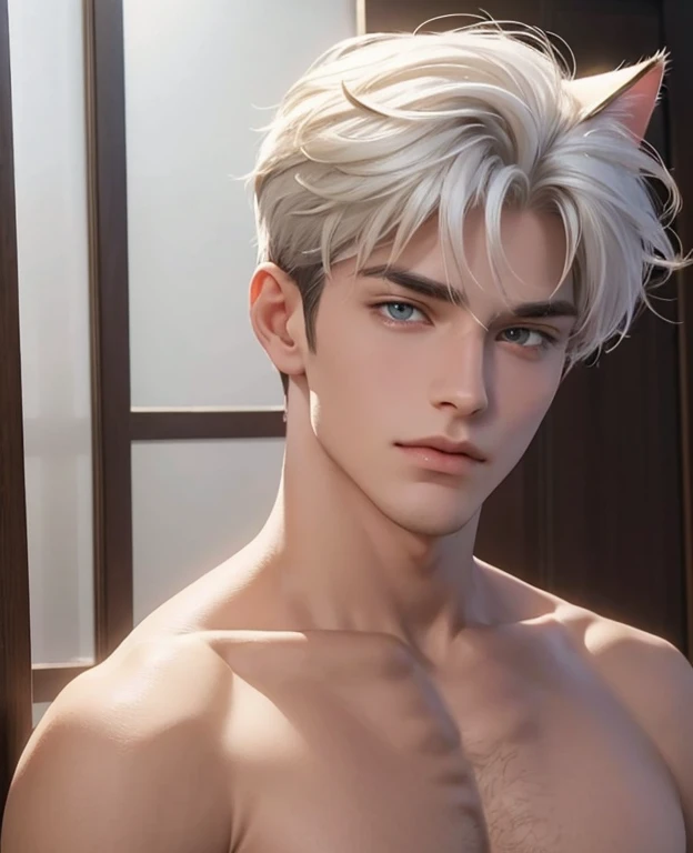 Full body photorealistic 4k, Catboy , cat ears, very high resolution, best quality, masterpiece, perfect color, perfect shade, perfect lighting, Posted by e621, ((portrait)), ((handsome man)), perfect male figure, Short hair details,chest muscles,abdominal muscles,Naked torso,nudeness Detailed face, perfect face, (stood up), Detailed background, ((Bonifasco Lighting)), (delicate eyes)),white hair. Beige underwear thong, bulge.