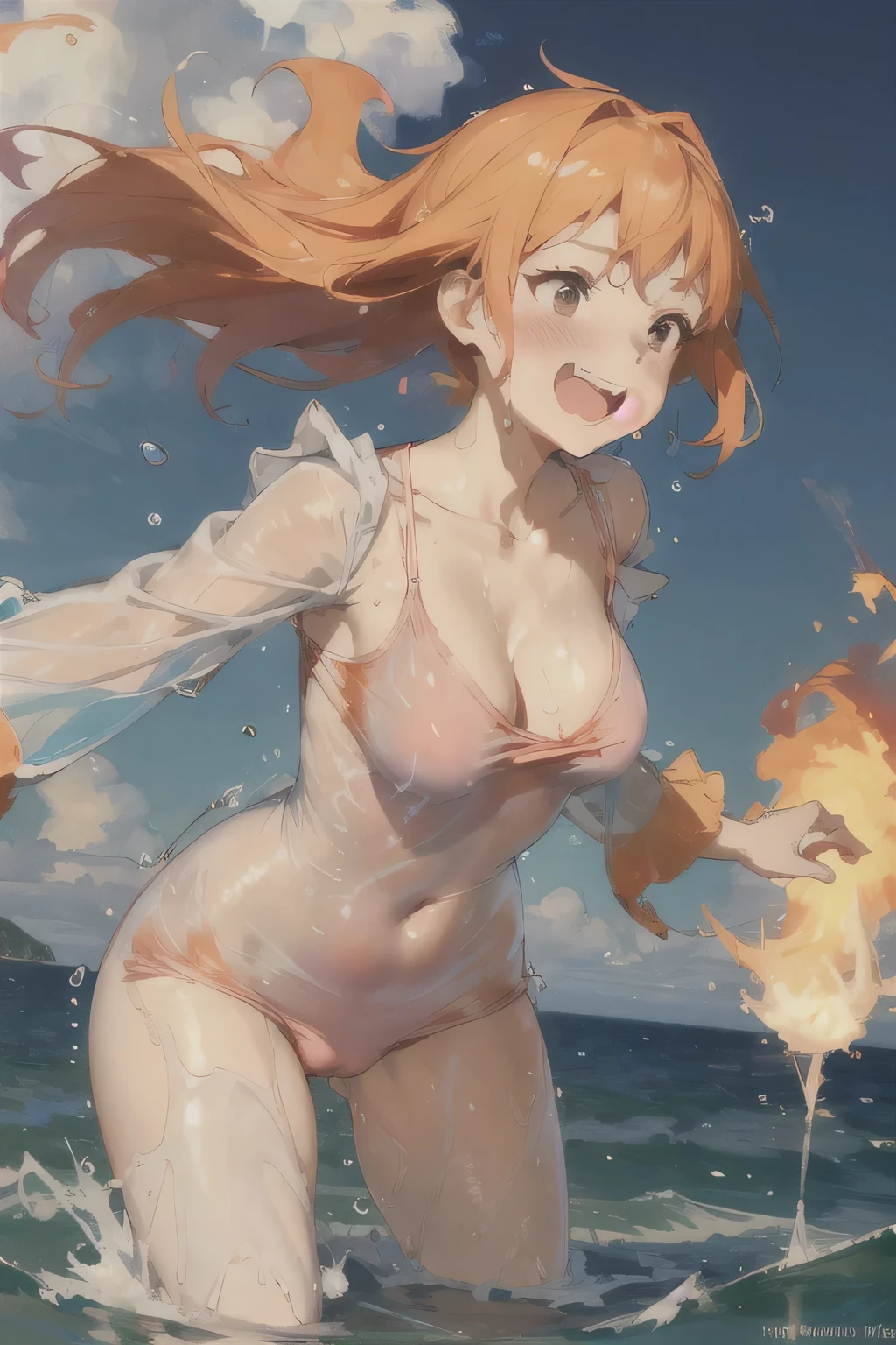 ,Big Breasts,Happy, wreathed in flame,Sundress, abundant,Gradient, extreme,color, Extreme,detail, Clear light perception, butt, (many, Impressionism, painting), Anime Characters,flowing flame,Disheveled,Clothing that fits snugly,broken,Chest contour,(((Wet clothing))),Tube Top,(((Ultra-thin clothing))),(Body model),((Flesh outline)),Grinning, blush,Hyperactive expression,Cover the crotch,water,wind,land,enchanting,