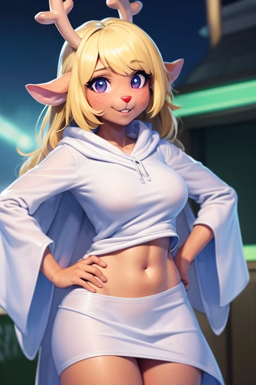 (noelle, furry female anthro, blonde hair, deer girl, red deer nose, white eyes, white pupils, white robe, hooded robe, big breasts, midriff), blushing, hands on hips, wide hips, green neon city, smiling