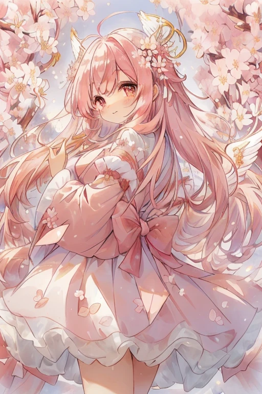 ((An angel with a fluffy, sparkling, cute atmosphere inspired by cherry blossom cakes)). She is a moe anime style beautiful girl angel with big sparkling pink eyes and a fluffy expression. Full body. She is wearing a cherry blossom colored Japanese kimono dress with fine delicate ruffles, many ribbons and cherry blossom shaped ornaments. ((Delicate and translucent white wings accentuate the fantastic atmosphere)). Her long hair is voluminous and wavy. Ribbons adorn her hair, giving her a cute and whimsical look. The background is a dreamy world of faintly glowing dust, with lots of cherry blossoms and petals dancing around, creating a very sparkling and magical atmosphere. The soft pink overall complements her fantastic and gentle atmosphere. (( highest image quality, highest quality ))