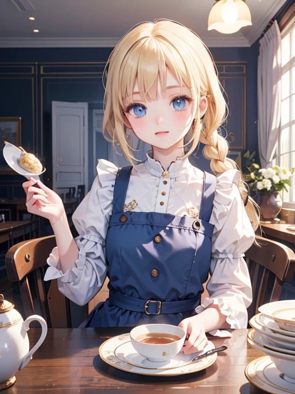 (8k, highest quality, Tabletop:1.2)、Ultra-high resolution、Alice in Wonderland, One ****************, Detailed face、blue eyes, Blonde, Braid, Blue Dress, White apron, Clothes with bulging sleeves, A room full of clocks, A little dark room, Evening Party, Tea party