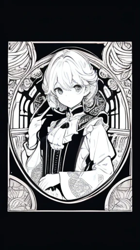(Line art)、(Sketch monochrome),Art Nouveau、Upper Body、(Coloring book)