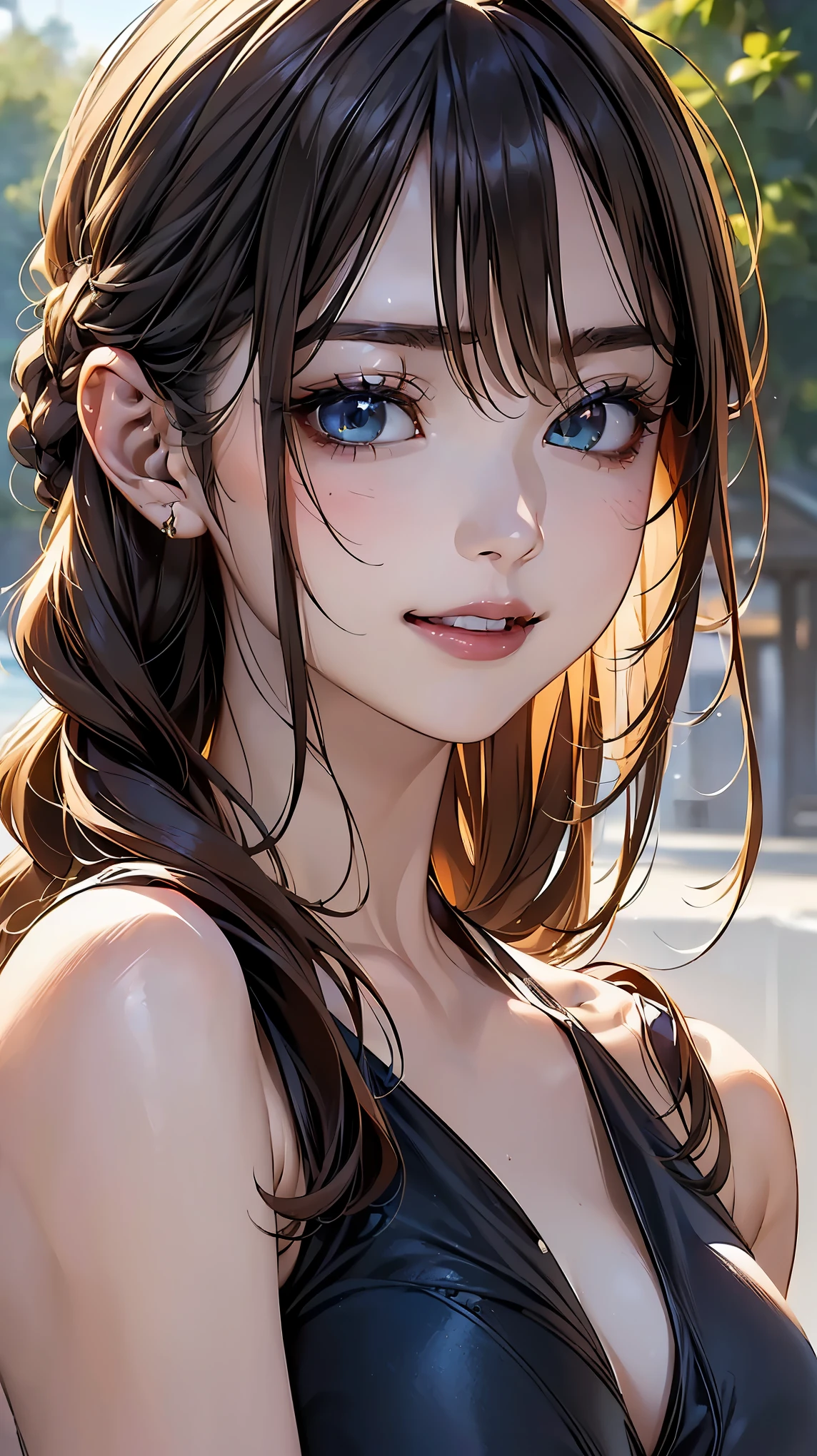 (Browsing Caution:1.2), (8k, RAW Photos, Best image quality, masterpiece: 1.4), (Highly detailed CG Unity 8k wallpaper, highest quality, High resolution: 1.2), (Ultra_Familiar, 超High resolution: 1.2), super highly Familiar, (Realistic, Realistic: 1.48), 1 girl, Focus Only,(Braiding:1.5), Side Lock, bangs, ((Dark green eyes:1.4, Round eyes, Beautiful eyelashes)), Clear Eyes,Large Breasts,Shiny Hair, beautiful Familiar cold face,Captivating smile, Beautiful and delicate eyes with exquisite detail,Extremely accurate details,Skin dents,Outdoor,Perfect Face,Perfect body, Beautiful Eyes, Beautiful Face,(Portraiture:1.5),Beautiful clavicle,Upward glance,Very cute woman,(onepiece swimsuit:1.2),brown hair,