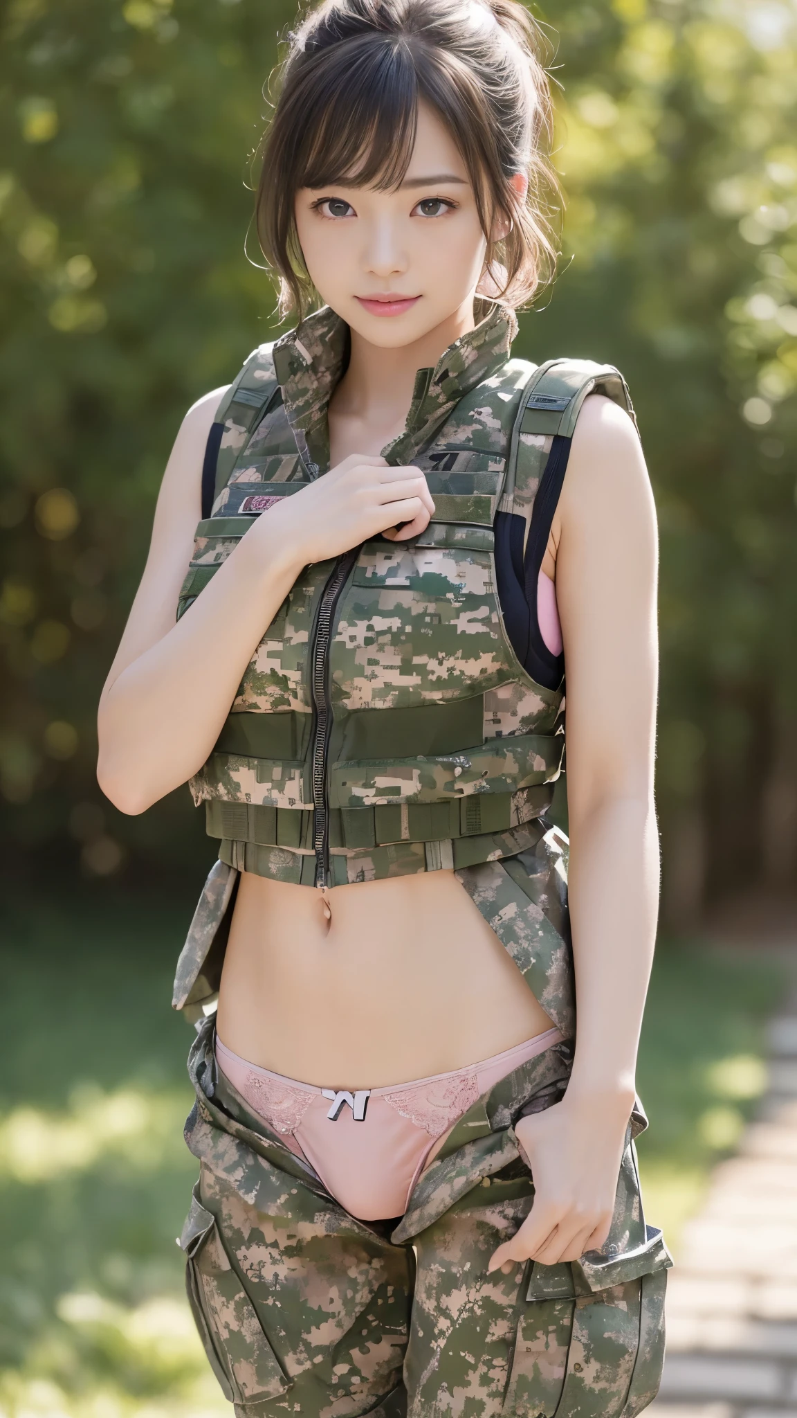 ((masterpiece、highest quality、Realistic、Very detailedな、High resolution、Photorealistic、Sharp focus))、Beautiful woman、(Cowboy Shot)、Busty women、Big eyes、Soft Skin、Pale skin、Lift your chin a little、Mouth closed、smile 、Sad expression、Beautiful short hair with bangs、army camouflage uniform、Camouflage Tactical Vest、((Camouflage long pants))、Combat gloves、rucksack、((Black Military Undershirt))、Tank in the background、military base、camp、White smoke、Detailed hand drawing、(((((Pull your pants down:1.1)))))、(((Pink panties are visible)))、((Delicate painting))，(Detailed RAW photos of girls), (Pieces fly:1.25), (highest quality:1.6), (超High resolution:1.5), (that&#39;s photoRealistic:1.75), 8k resolution, Canon EOS R5, 50mm, Confused, Very detailed,Cinema Lighting,Biting