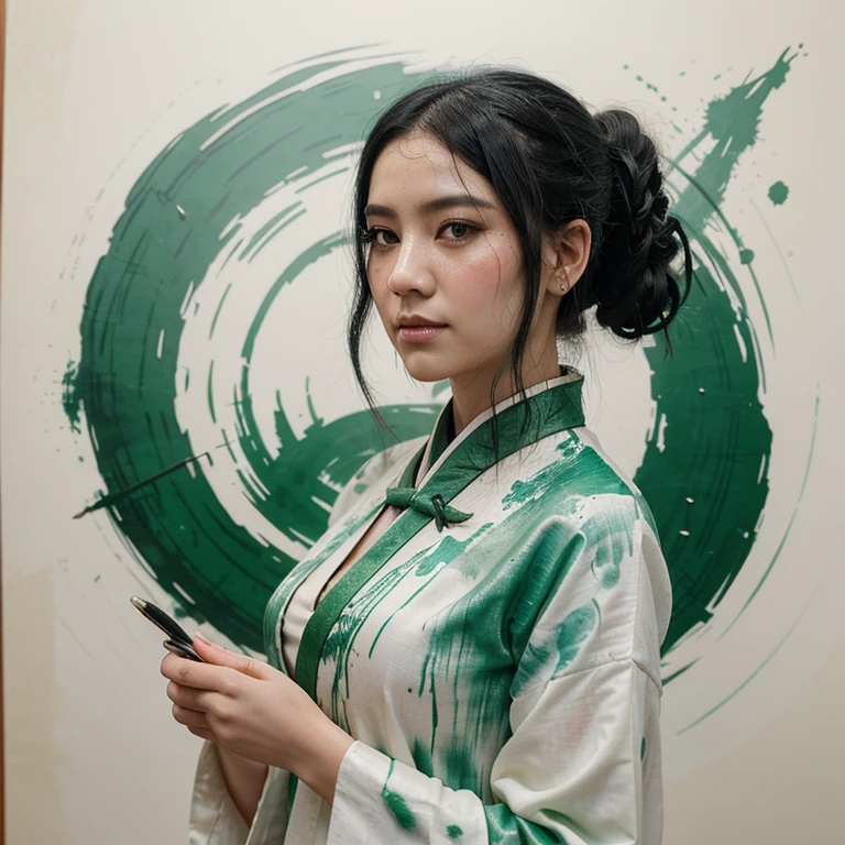 a painting of a woman in Green with black hair, in the style of delicate ink washes, epic fantasy scenes, chinese painting, splattered/dripped, white background, traditional costumes, soft focus lens --ar 73:98 --stylize 750 --v 6