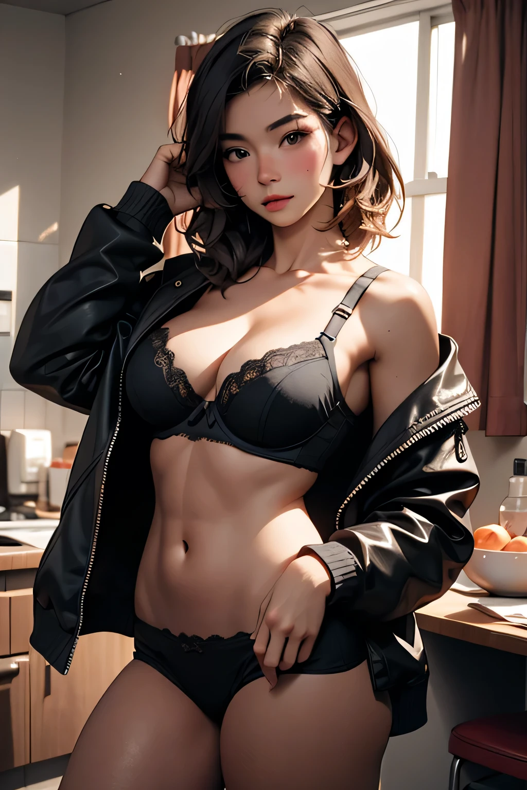 photography of a 20yo woman, perfect face, masterpiece, bra, underwear, black_bra, jacket, black_panties,sexy body