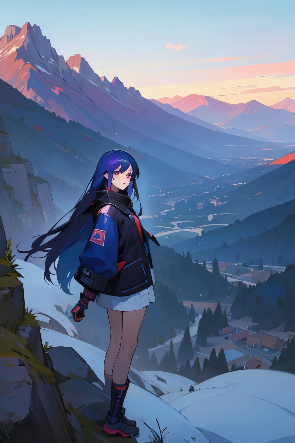 Personaje anime, 22, futurista, ropa azul y morada,
22, mountainous landscape