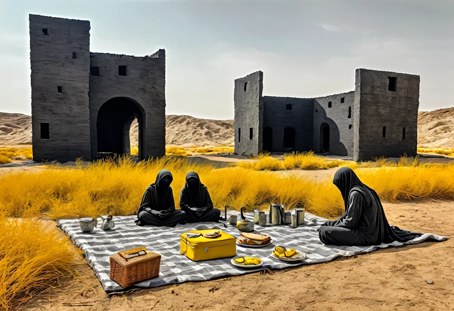 Desert, sand, dry grass, green clearing, picnic, gray aliens on a picnic, gray fire, ruins, dryness, mirage, heat, antiquity, mystery, minimalism, charcoal, clarity, palette of yellow and black colors, modern art, in detail, avant-garde, illusion, surrealism, volume