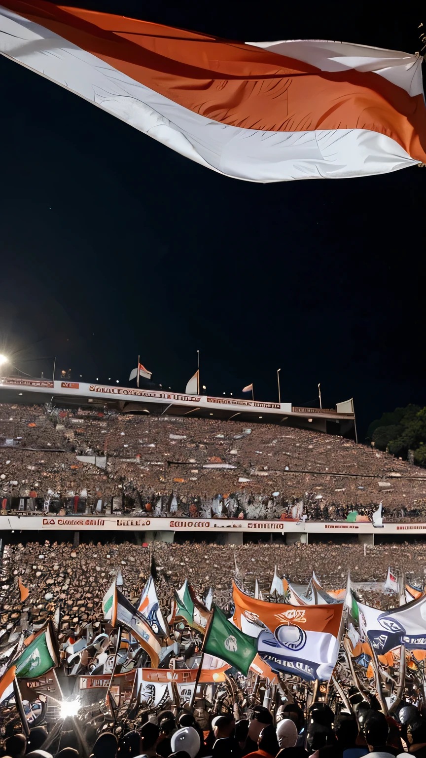 "Visualizations of election rallies and political events, with crowds cheering and waving BJP & congress party flags in India"
