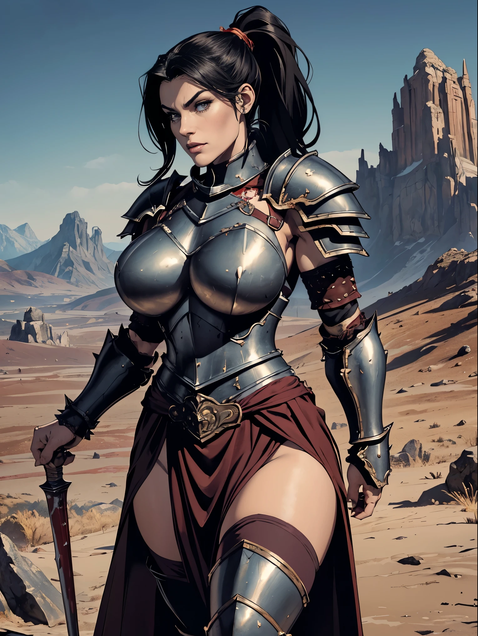 (masterpiece, top quality, best quality, official art, beautiful and aesthetic:1.2), (1girl:1.3), ((Sharp facial features, sharp features, hawkish features)), ((big hair, long black hair, ponytail)), big tiddy chaos warrior girl, extremely detailed, portrait, looking at viewer, solo, (full body:0.6), detailed background, full-body shot, (hot desert mountain theme:1.1), chaos warrior, (spiky helmet), charlatan, smirk, mysterious, swaying in mountains, armor, red metal, brass trim, long boots, dual axes, blood red fabric, pelvic curtain, loincloth, black leather, ((((heavy armor, blood, armored, gigantic breasts, long legs, pelvic curtain, toned, muscular)))), cute belly button, toned tummy, slim waist, slim hips, long legs, medieval (mountain exterior:1.1) background, dark mysterious lighting, shadows, magical atmosphere, dutch angle