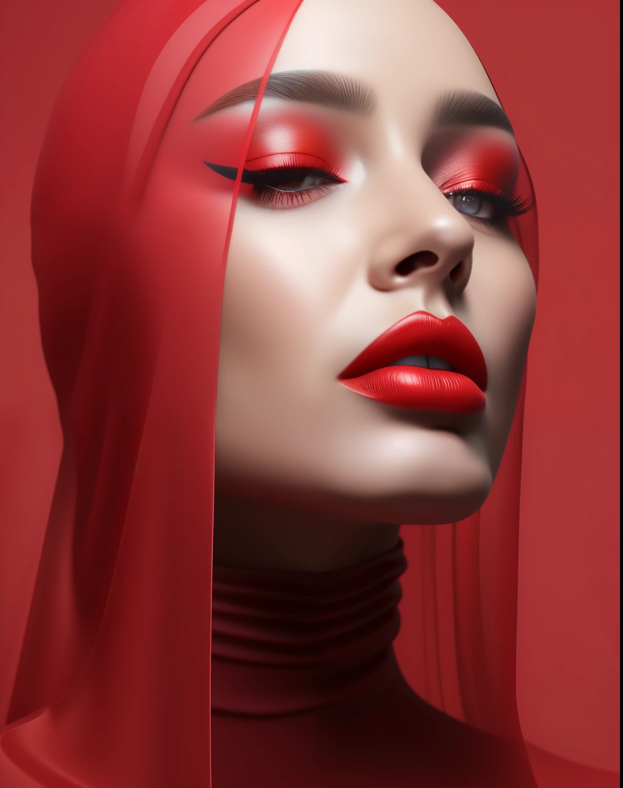 (best quality,realistic:1.2),red veil,red lipstick,red eyeshadow and shiny, realistic 3D rendering, smooth and fair skin