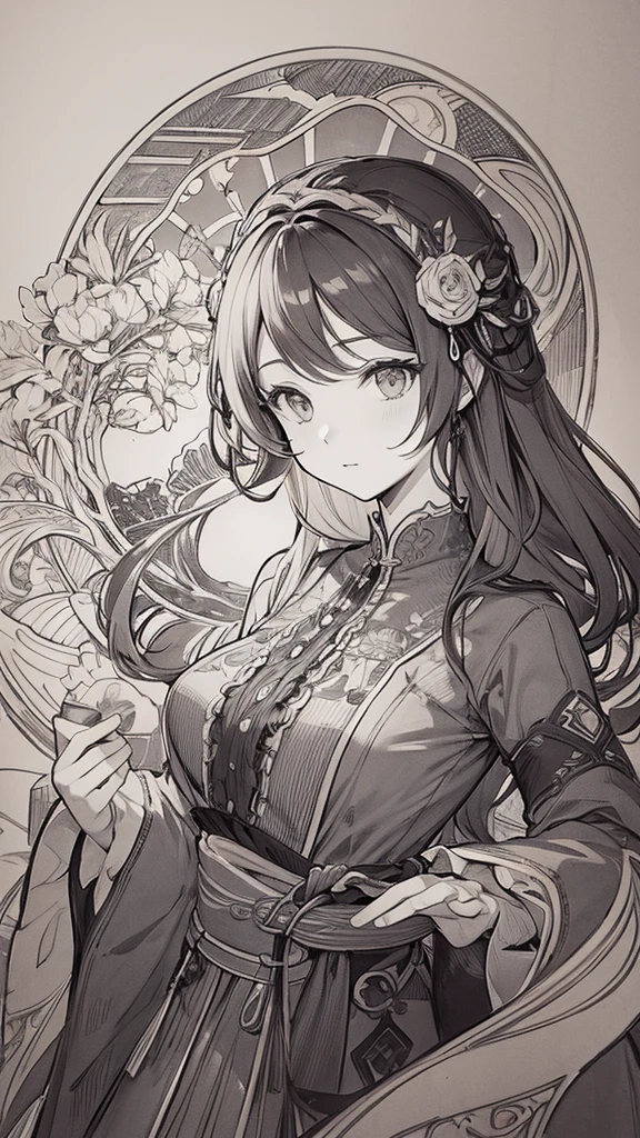 (Line art)、(Sketch monochrome),Art Nouveau、Upper Body、(Coloring book)