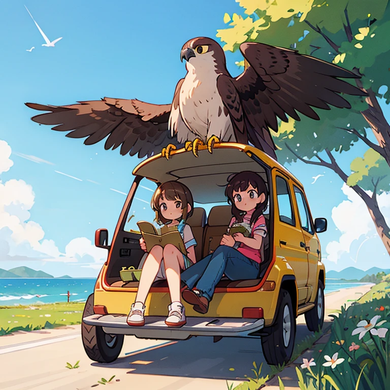 Girls traveling on a falcon