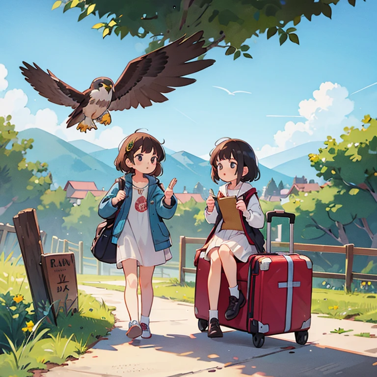 Girls traveling on a falcon