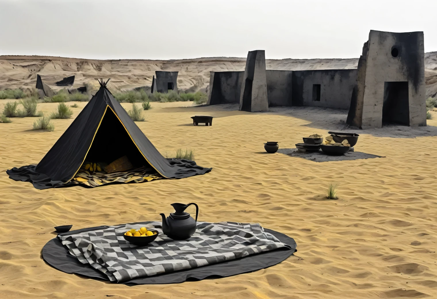 Desert, sand, dry grass, green clearing, picnic, gray aliens on a picnic, gray fire, ruins, dryness, mirage, heat, antiquity, mystery, minimalism, charcoal, clarity, palette of yellow and black colors, modern art, in detail, avant-garde, illusion, surrealism, volume
