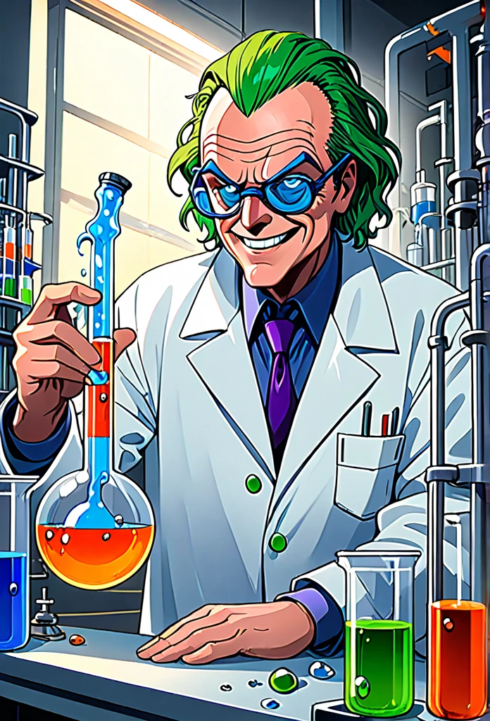 Jack Nicholson as The 1992 Joker with wild, green hair, a menacing smile, and a pair of protective goggles, serious and determined face expression, wearing a white laboratory coat, trying to mix two fluids in a crystal clear reaction tube glass, one in his right hand is a bright orange viscous fluid, and one in his left hand is a blue liquid, in a neat, tidy, and well-organized chemical laboratory, with a bubbling flask and smoke rising from it, with insane detail, high resolution, high definition, 8k, ultra sharp and crisp, realistic style, Don Lawrence style, octane render, cinematic