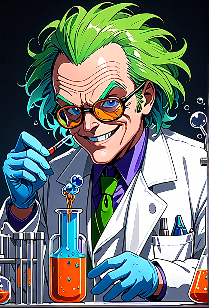 Jack Nicholson as The 1992 Joker with wild, green hair, a menacing smile, and a pair of protective goggles, serious and determined face expression, wearing a white laboratory coat, trying to mix two fluids in a crystal clear reaction tube glass, one in his right hand is a bright orange viscous fluid, and one in his left hand is a blue liquid, in a neat, tidy, and well-organized chemical laboratory, with a bubbling flask and smoke rising from it, with insane detail, high resolution, high definition, 8k, ultra sharp and crisp, realistic style, Don Lawrence style, octane render, cinematic