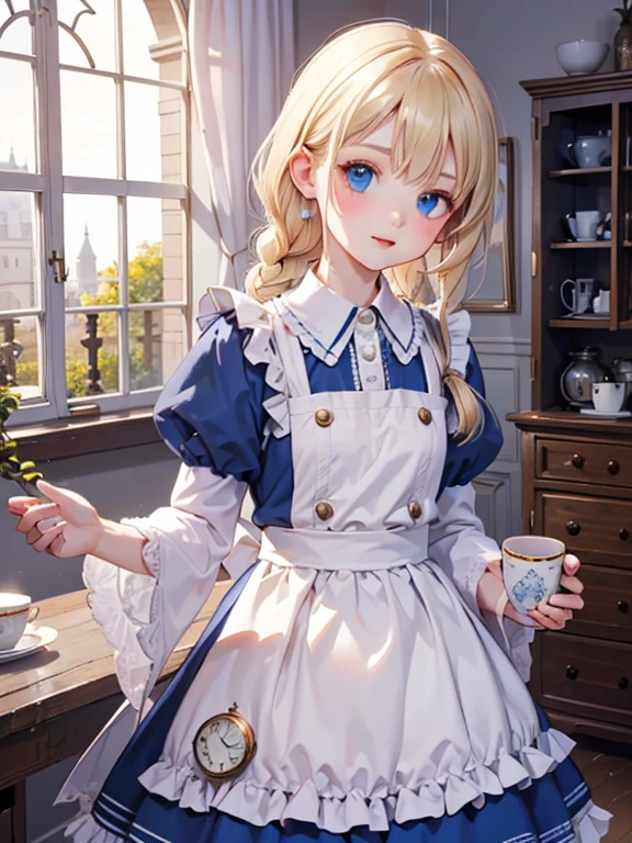 (8k, highest quality, Tabletop:1.2)、Ultra-high resolution、Alice in Wonderland, One ****************, Detailed face、blue eyes, Blonde, Braid, Blue Dress, White apron, Clothes with bulging sleeves, A room full of clocks, A little dark room, Evening Party, Tea party