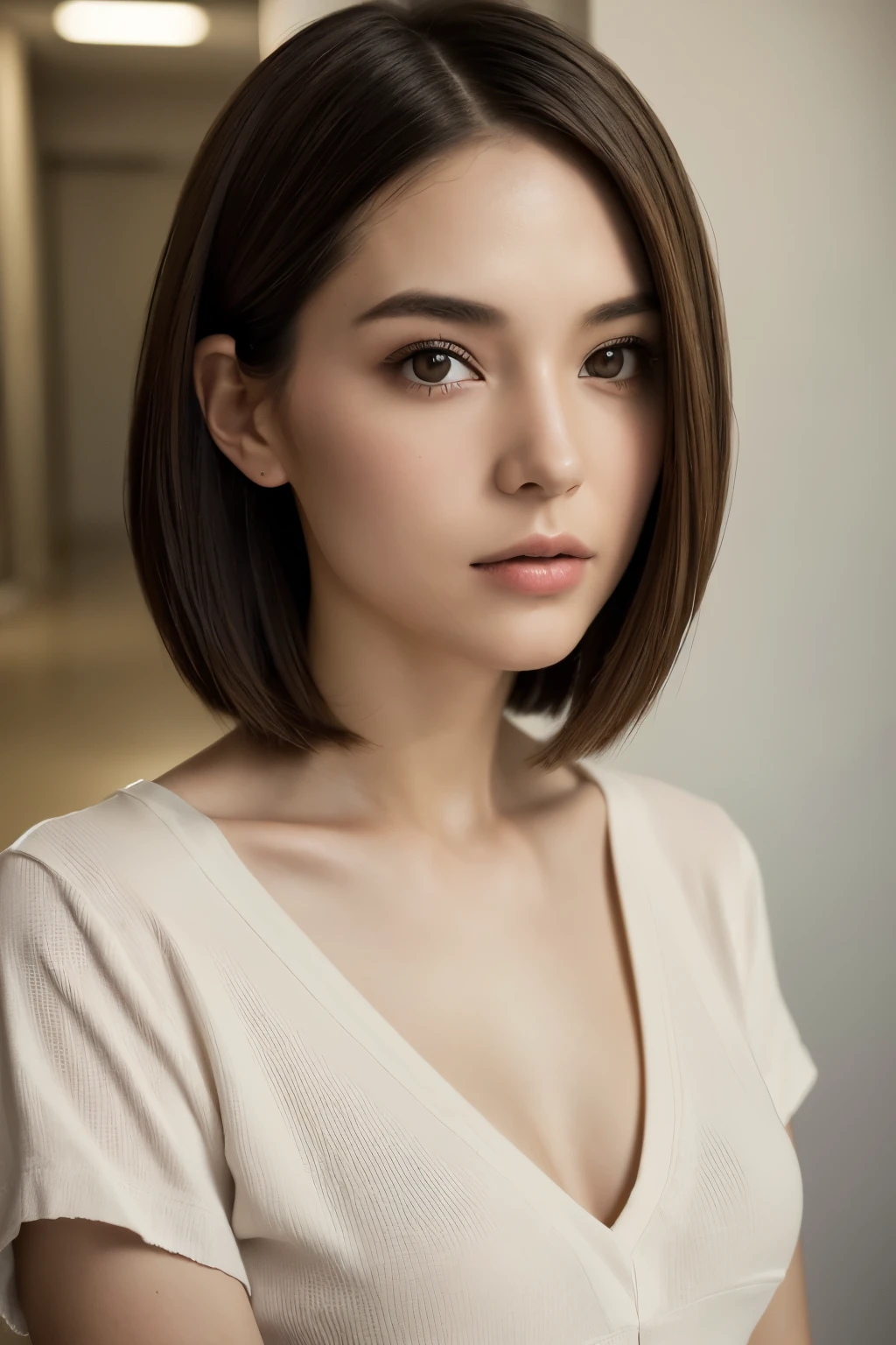 highest quality, 8k, masterpiece, 1 personの女の子, Slender figure, Beautiful Japanese Women, 1 person, ((Looking at the camera)), Shapely breasts, Random Hairstyles, short hair, Casual clothing, indoor, Highly detailed face, Highly detailed eyes, Highly detailed skin texture, V-neck shirt tied in front of chest