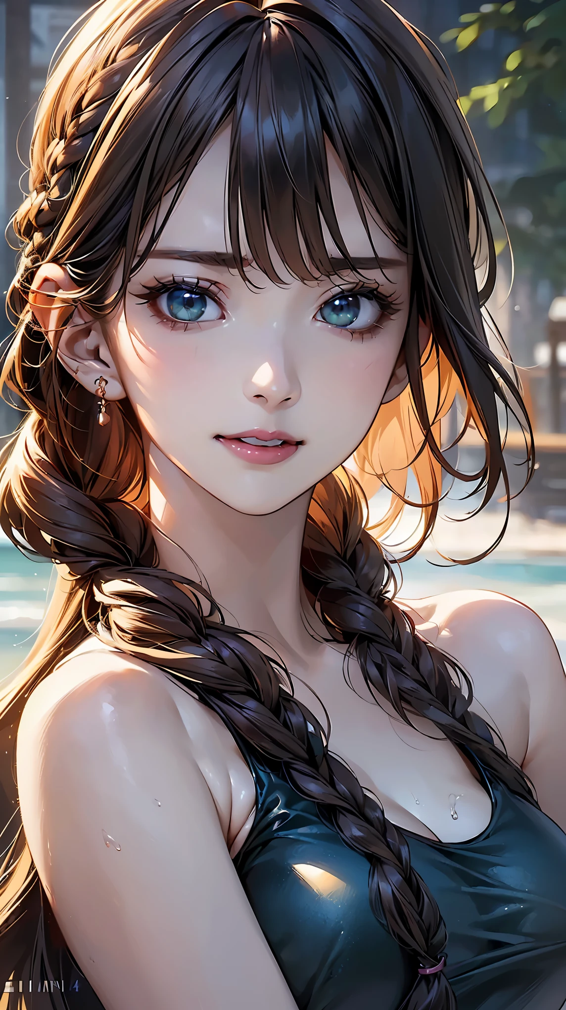 (Browsing Caution:1.2), (8k, RAW Photos, Best image quality, masterpiece: 1.4), (Highly detailed CG Unity 8k wallpaper, highest quality, High resolution: 1.2), (Ultra_Familiar, 超High resolution: 1.2), super highly Familiar, (Realistic, Realistic: 1.48), 1 girl, Focus Only,(Braiding:1.5), Side Lock, bangs, ((Dark green eyes:1.4, Round eyes, Beautiful eyelashes)), Clear Eyes,Large Breasts,Shiny Hair, beautiful Familiar cold face,Captivating smile, Beautiful and delicate eyes with exquisite detail,Extremely accurate details,Skin dents,Outdoor,Perfect Face,Perfect body, Beautiful Eyes, Beautiful Face,(Portraiture:1.5),Beautiful clavicle,Upward glance,Very cute woman,(onepiece swimsuit:1.2),brown hair,