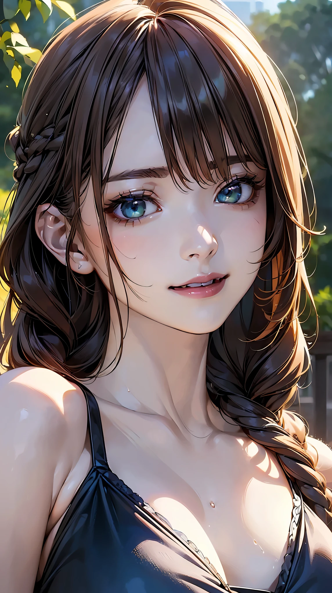 (Browsing Caution:1.2), (8k, RAW Photos, Best image quality, masterpiece: 1.4), (Highly detailed CG Unity 8k wallpaper, highest quality, High resolution: 1.2), (Ultra_Familiar, 超High resolution: 1.2), super highly Familiar, (Realistic, Realistic: 1.48), 1 girl, Focus Only,(Braiding:1.5), Side Lock, bangs, ((Dark green eyes:1.4, Round eyes, Beautiful eyelashes)), Clear Eyes,Large Breasts,Shiny Hair, beautiful Familiar cold face,Captivating smile, Beautiful and delicate eyes with exquisite detail,Extremely accurate details,Skin dents,Outdoor,Perfect Face,Perfect body, Beautiful Eyes, Beautiful Face,(Portraiture:1.5),Beautiful clavicle,Upward glance,Very cute woman,(onepiece swimsuit:1.2),brown hair,