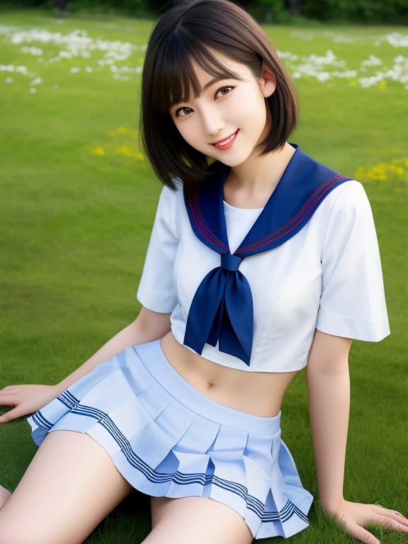 (highest quality:1.5)、(Realistic:1.5)、(1 person:1.5)、Very detailed、High resolution、8k、medium breasts、Natural color lips、Cute Smile、Japanese women、20-year-old girl、Beautiful and elegant face、Perfect and beautiful face、Balanced big eyes、Brunette eyes、Beautiful and elegant face、Natural double eyelids、Natural Bangs、Beautiful thin nose、Beautiful Skin、Medium Bob Hair、Natural Bangs、Perfect and beautiful face、Slim face and figure、Summer blue sky、Grass park on the mountain、Look at the viewers、Sit on the grass、School Sailor Uniform、White short-sleeved blouse shirt, navy pleated micro miniskirt,、Knee-high socks、Beautiful navel、Open the navel、臍が見えるSchool Sailor Uniformを着ている、High-angle composition、(Staring at the camera with a sweet smile)、Bright lighting、Professional Lighting、Forward lighting、Beautiful feet:1.2、Smooth Skin、Slim Body、Slim waistline、slim thin thighs、Angle from the front、