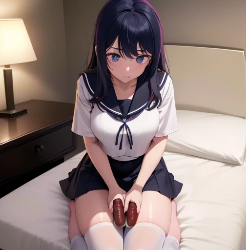 (unity 8k wallpape),(best quality),(high resolution),(ultra-detailed),(perfect anatomy),(beautiful detailed eyes),1girl,(Dimly lit motel room),((Sit on the bed:1.3)),Bedside table,((Three one-dollar bills on the bedside table:1.3)),　　　　　　　　　　BREAK Bought Girl,yo,blackhair,,Sailor suit,Navy Skirt,White socks, body,(holding a large sausage in one hand:1.3),Sit with your legs apart,White panties,A tense look,Look down,The eyes are looking at me,Photograph the whole body,　　　　　　BREAK (On the table are three coins and a camera.),