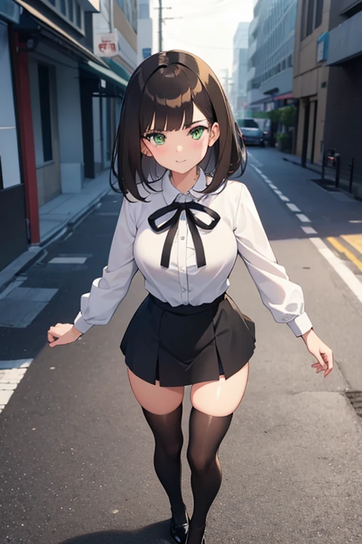 1girl, anime woman, tall girl, office clothes, white long sleeve with white collar, black office skirt, black thigh high socks, white heels, green eyes, short brown hair with bangs, very long side bangs, walking forward, evil smile, neutral eyebrows, calm, evil eyes, side bangs reaches her shoulders, light brown hair, no ribbon