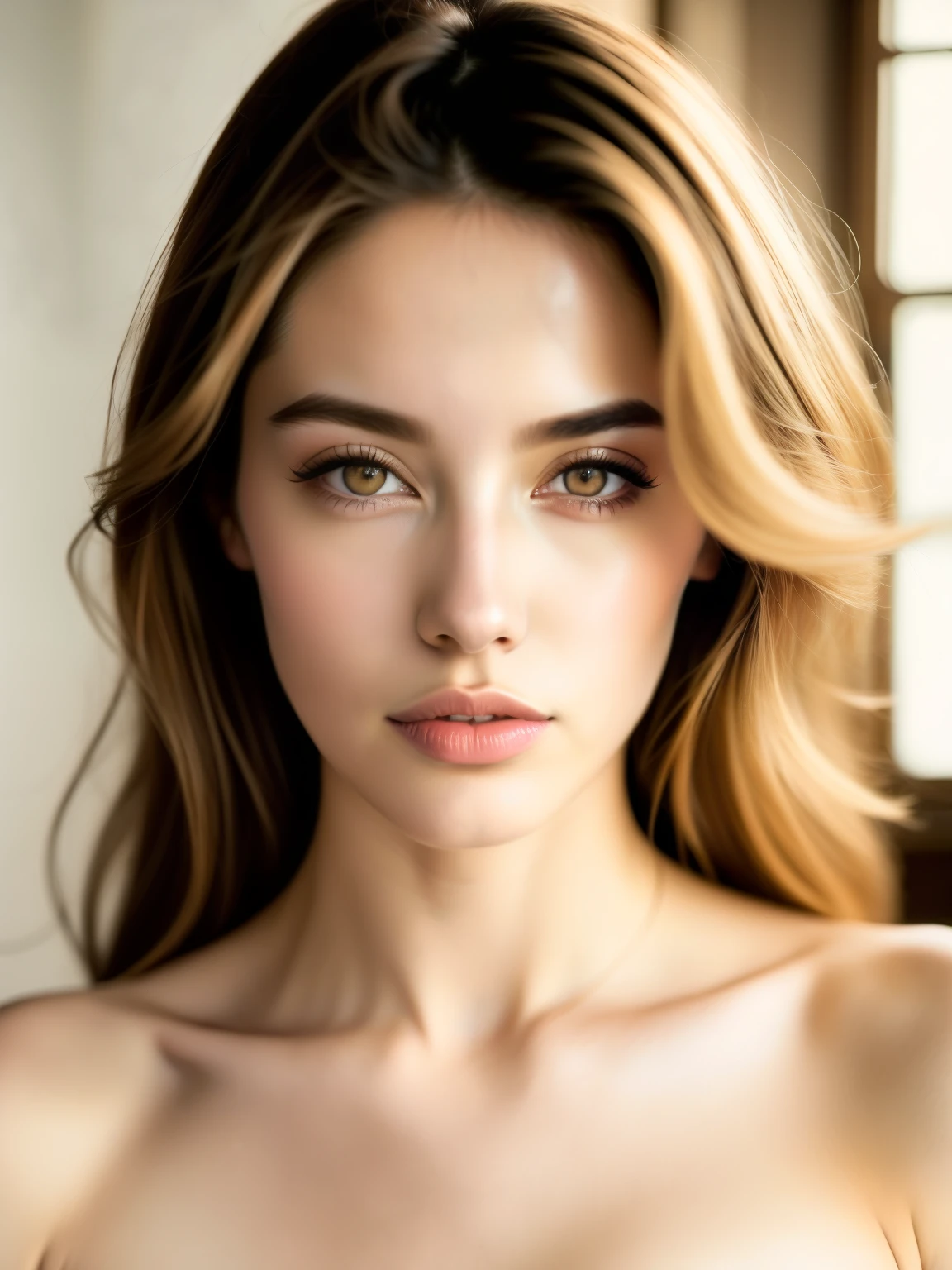 Fashion model European and American，25 years old [[[[closeup cleavage]]]], [[[[boobgasm]]]], [[[[coll]]]], [[[[bshoulders]]]], perfect  eyes, Perfect iris，perfect lips，Perfect skin，Soft front light，with light glowing，HDR，（pastel colour：1.2），k hd，photography of，photographrealistic，True skin texture，skin textures，A detailed，front portrait