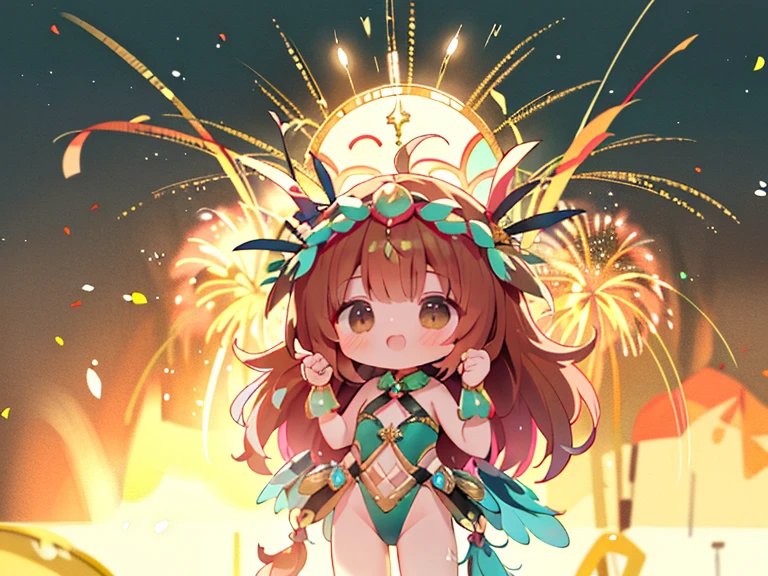 1female\(chibi,big smile,brunettes hair,hair floating,curly hairs,brown eyes,sweat,lively,carnival,parade,dancing samba hard,(bzccostume:1.5),(headdress:1.5),Tanned Skin\), background\(brazil town,colorful confetti and streamers,beautiful fireworks\), BREAK ,quality\(8k,wallpaper of extremely detailed CG unit, ​masterpiece,hight resolution,top-quality,top-quality real texture skin,hyper realisitic,increase the resolution,RAW photos,best qualtiy,highly detailed,the wallpaper,cinematic lighting,ray trace,golden ratio\)